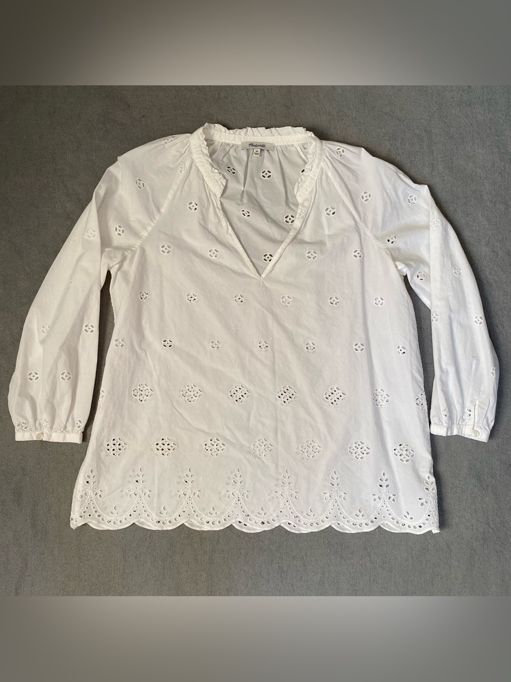 Madewell White Eyelet Summer Popover Top Sz XS Scalloped Hem Cotton Boho Peasant